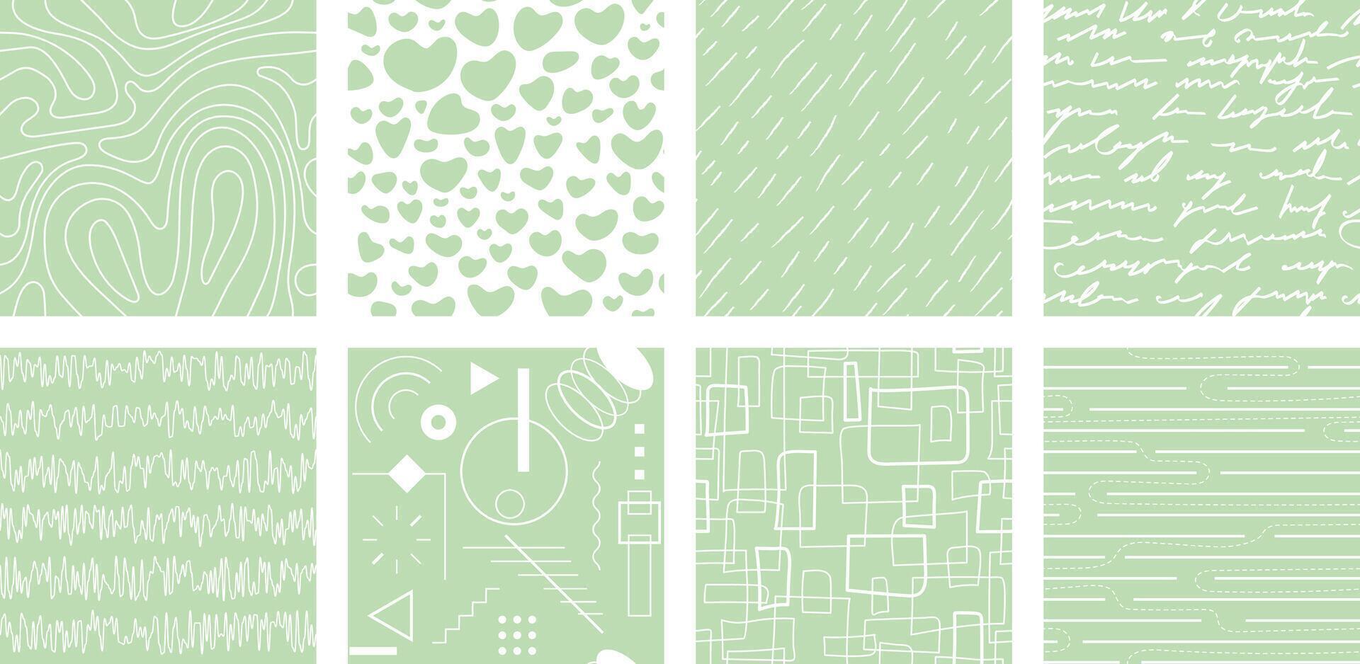 Neutrals color abstract seamless pattern set. Endless graphic linear basic shapes print. Trendy neutral colors figures aesthetic contemporary background. Pastel light green boho style fabric texture vector