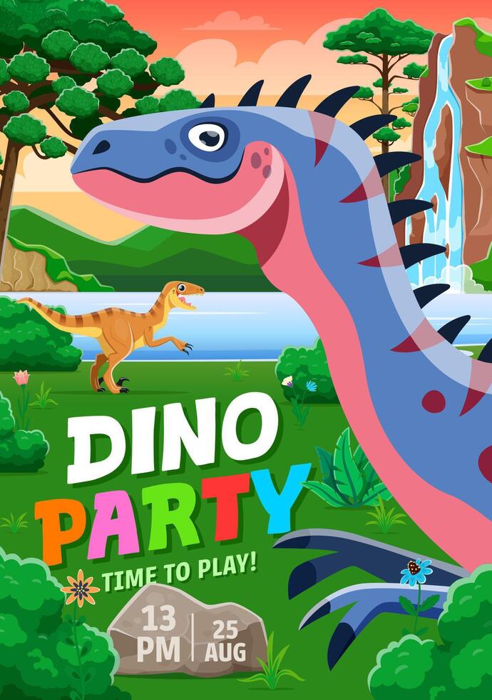 Kids party flyer with prehistoric cartoon dinosaur vector