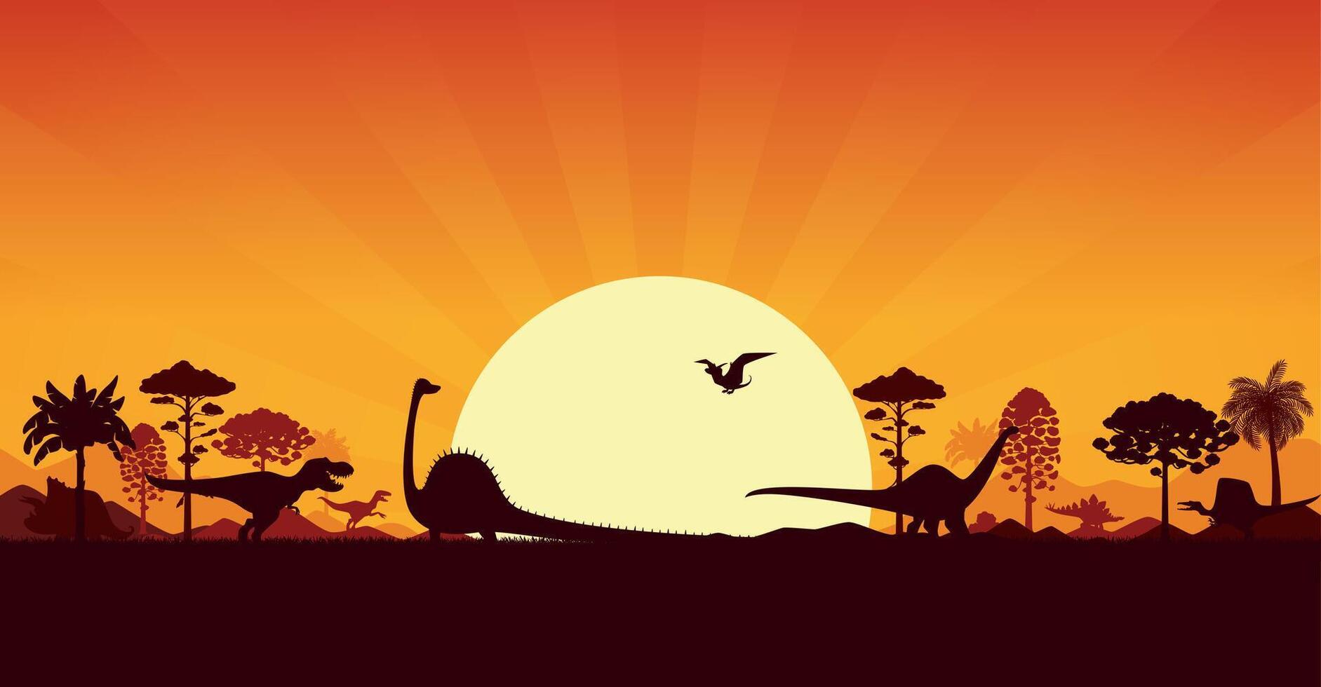 Prehistoric dinosaur silhouettes in sunset jungles vector
