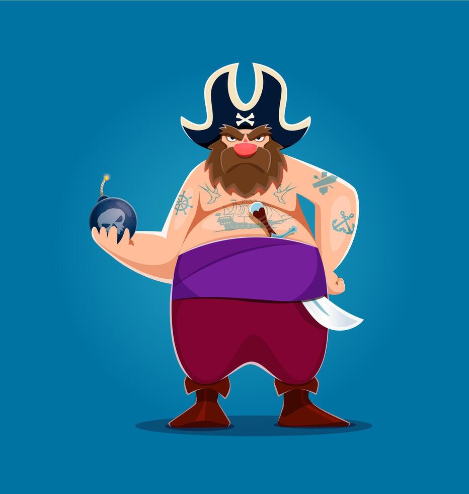 Cartoon fat pirate corsair character holding bomb vector