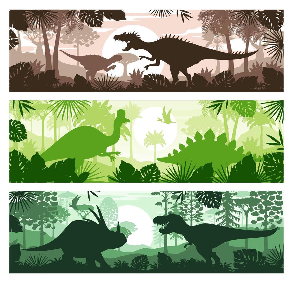 Prehistoric dinosaurs, jurassic landscape banners vector