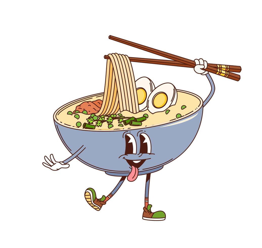 Cartoon retro groovy ramen noodles character vector