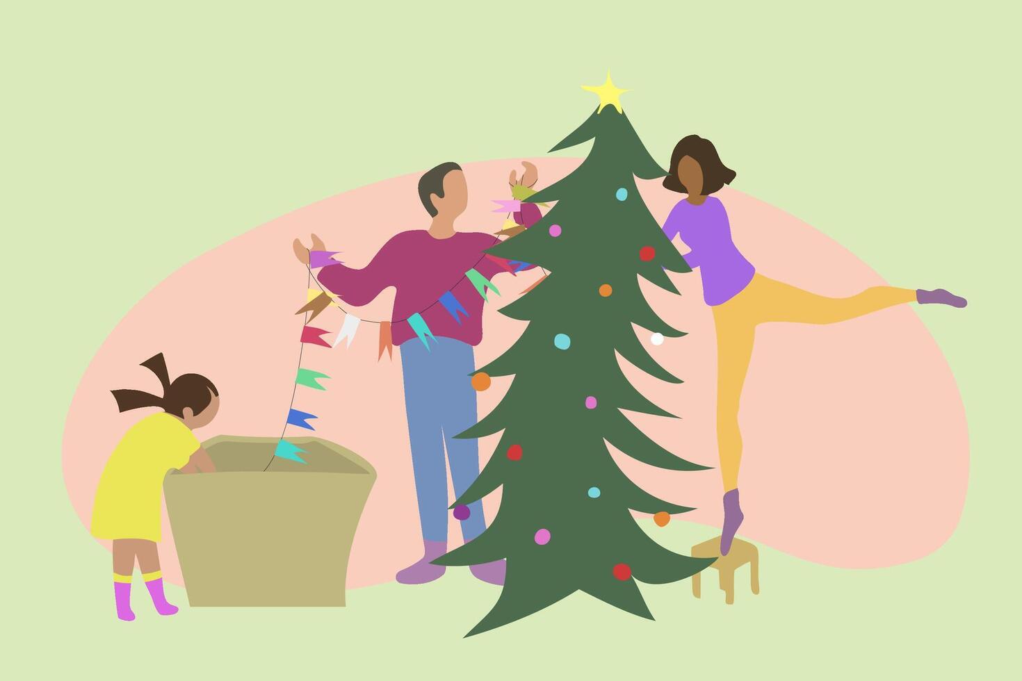 family decorates christmas tree with toys from box - flat style. mom, dad, daughter on the eve of new year vector