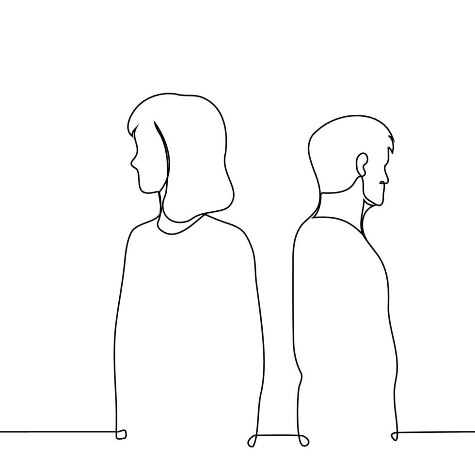 woman and man standing with their backs to each other looking in different directions - one line art . concept war of the sexes, separation, parting, quarrel vector