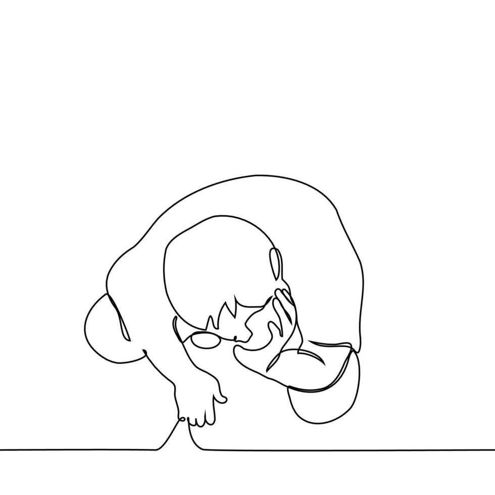 man squatting with chin in hand top view - one line art vector
