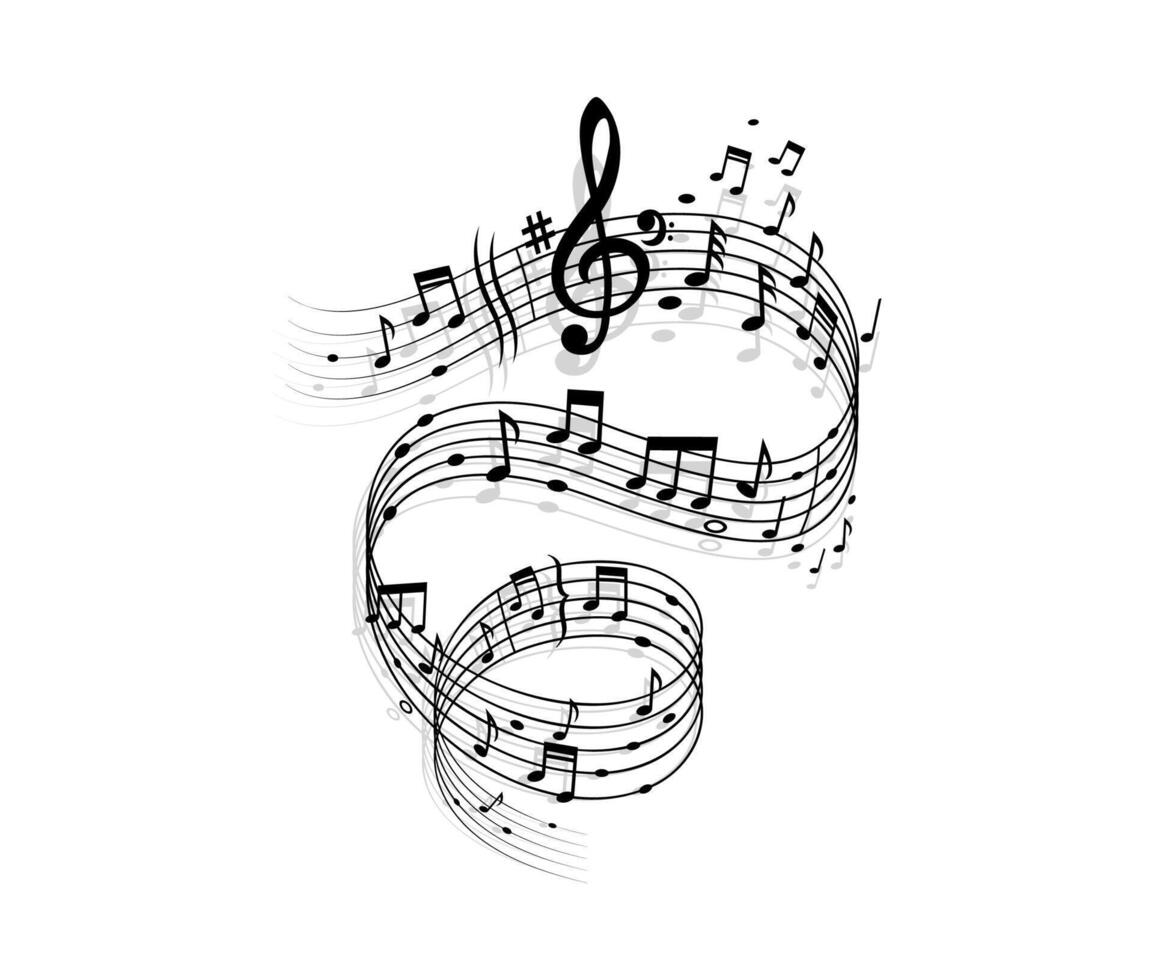 Song wave with music notes, swirl with treble clef vector