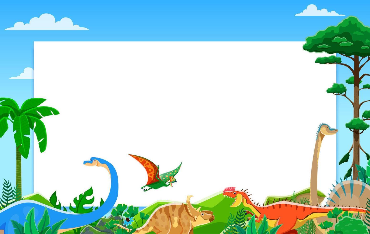 Prehistoric Jurassic park dinosaurs, white banner vector