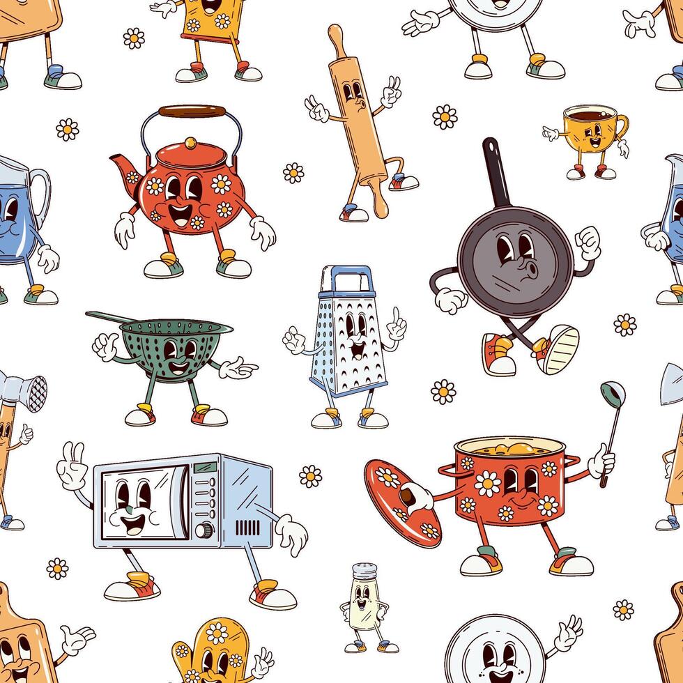 Groovy kitchenware, dishware utensil characters vector