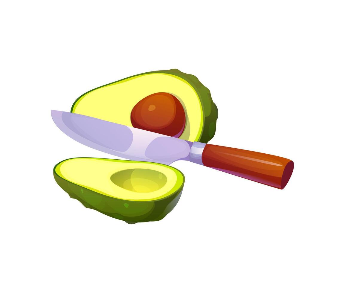 Sharp knife slices through a ripe avocado fruit vector
