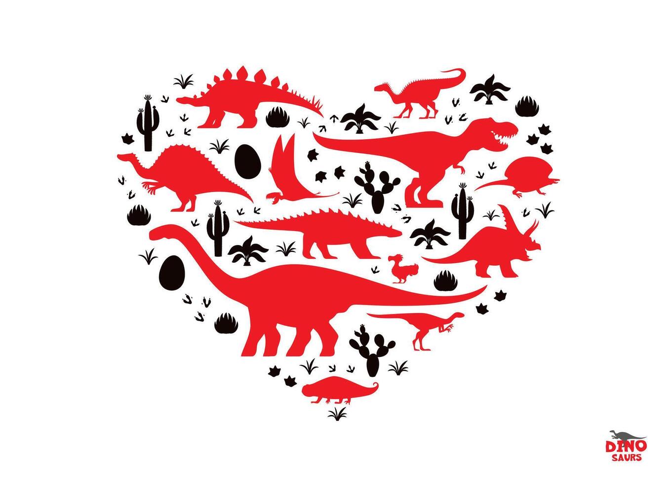 Heart shape, i love dinosaurs silhouettes banner vector