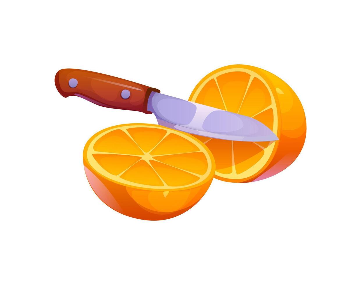 Knife slicing an orange in half, revealing flesh vector