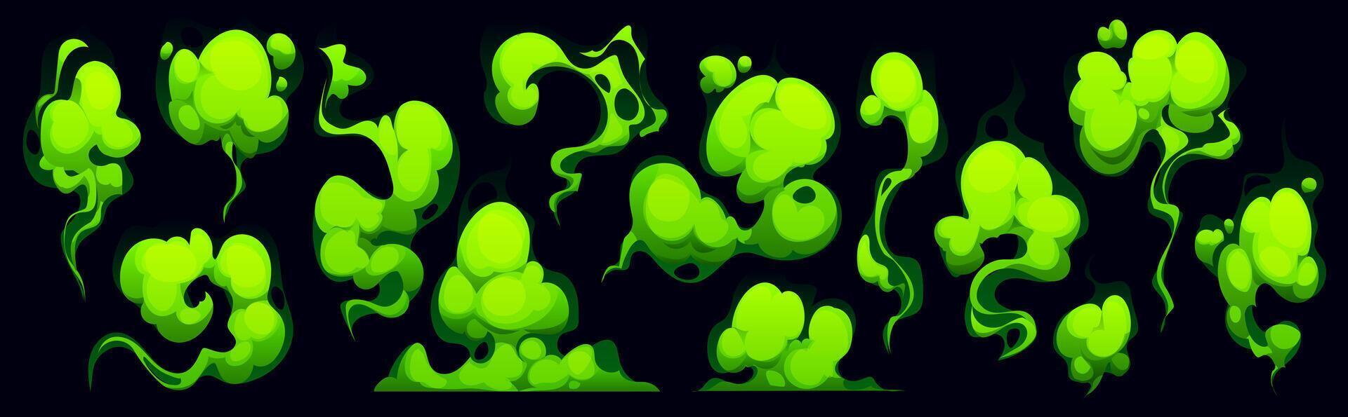 Cartoon bad green smell clouds smoke set vector