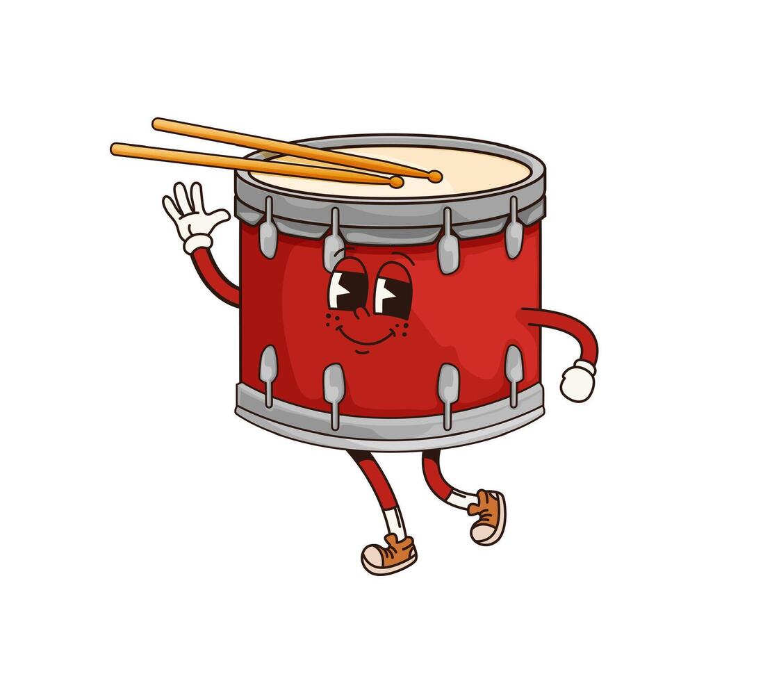 Cartoon drum groovy character with drumsticks vector