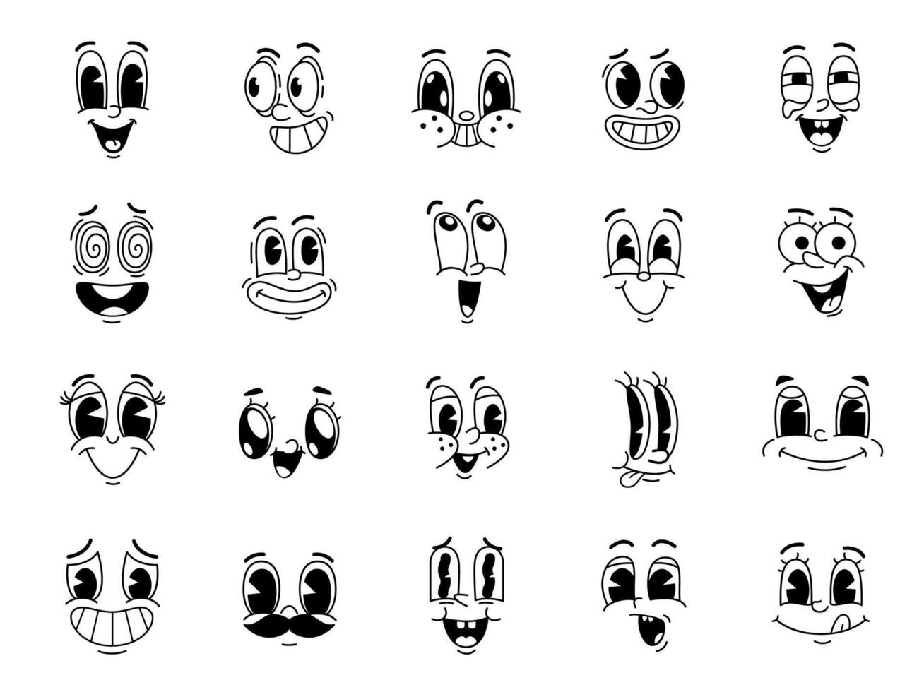 Cartoon retro face, eyes and mouth characters vector