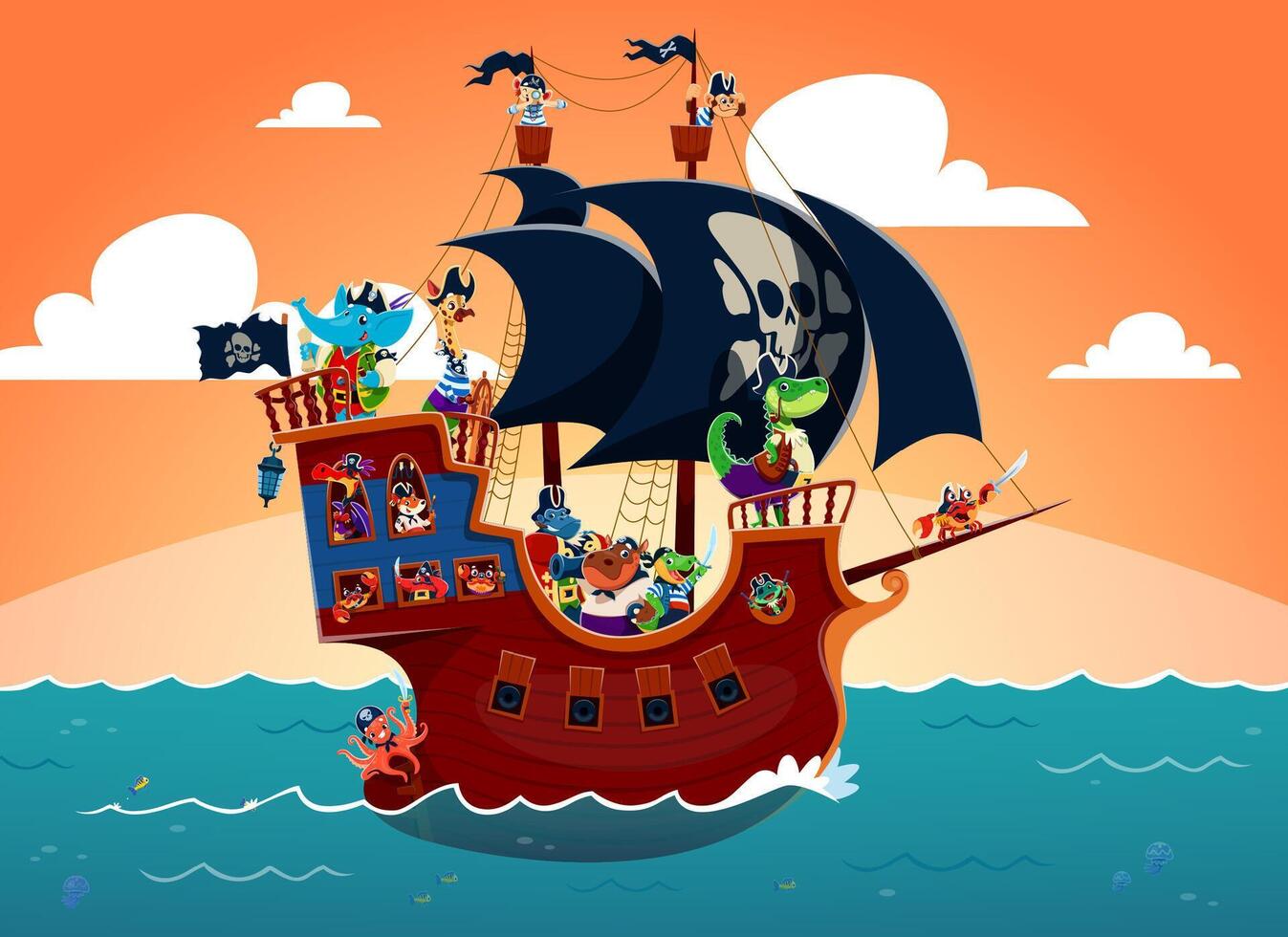 Pirate sail ship with animal sailor characters vector