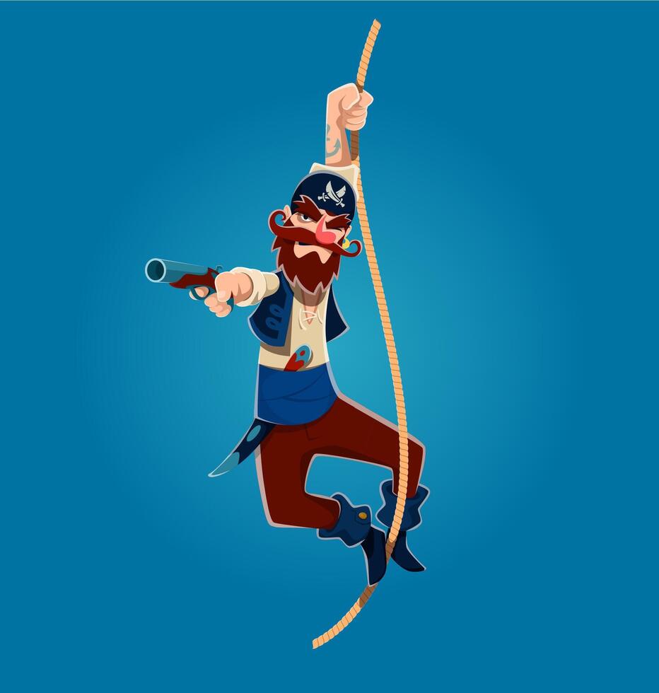 Pirate character hanging on a rope with a pistol vector