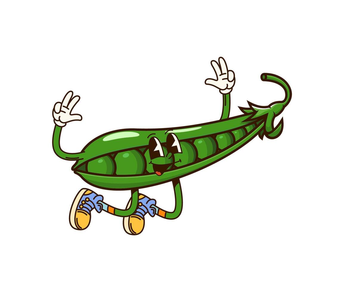 Groovy green pea vegetable character jumping vector
