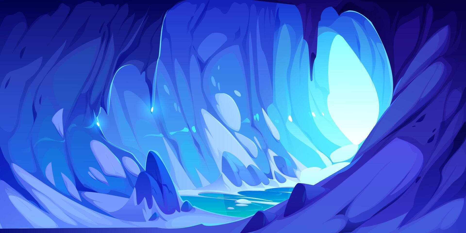 Ice cave landscape, illuminated by a glowing light vector