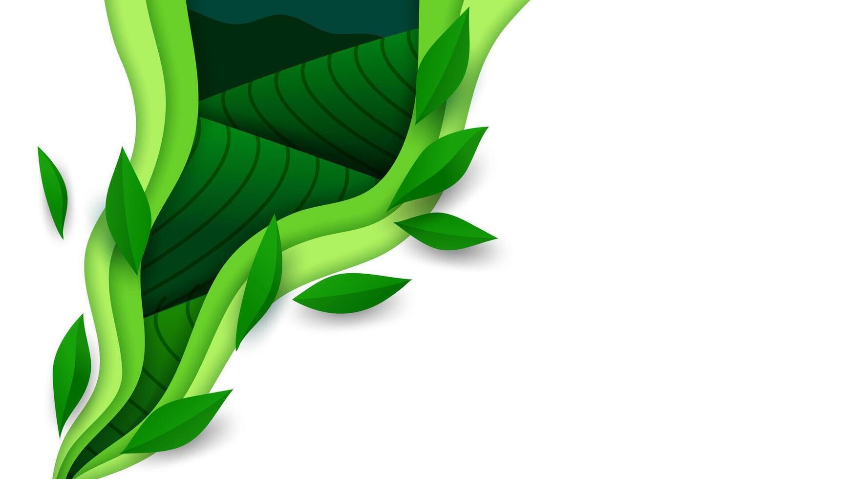 Paper cut tea plantations, 3d layered frame vector