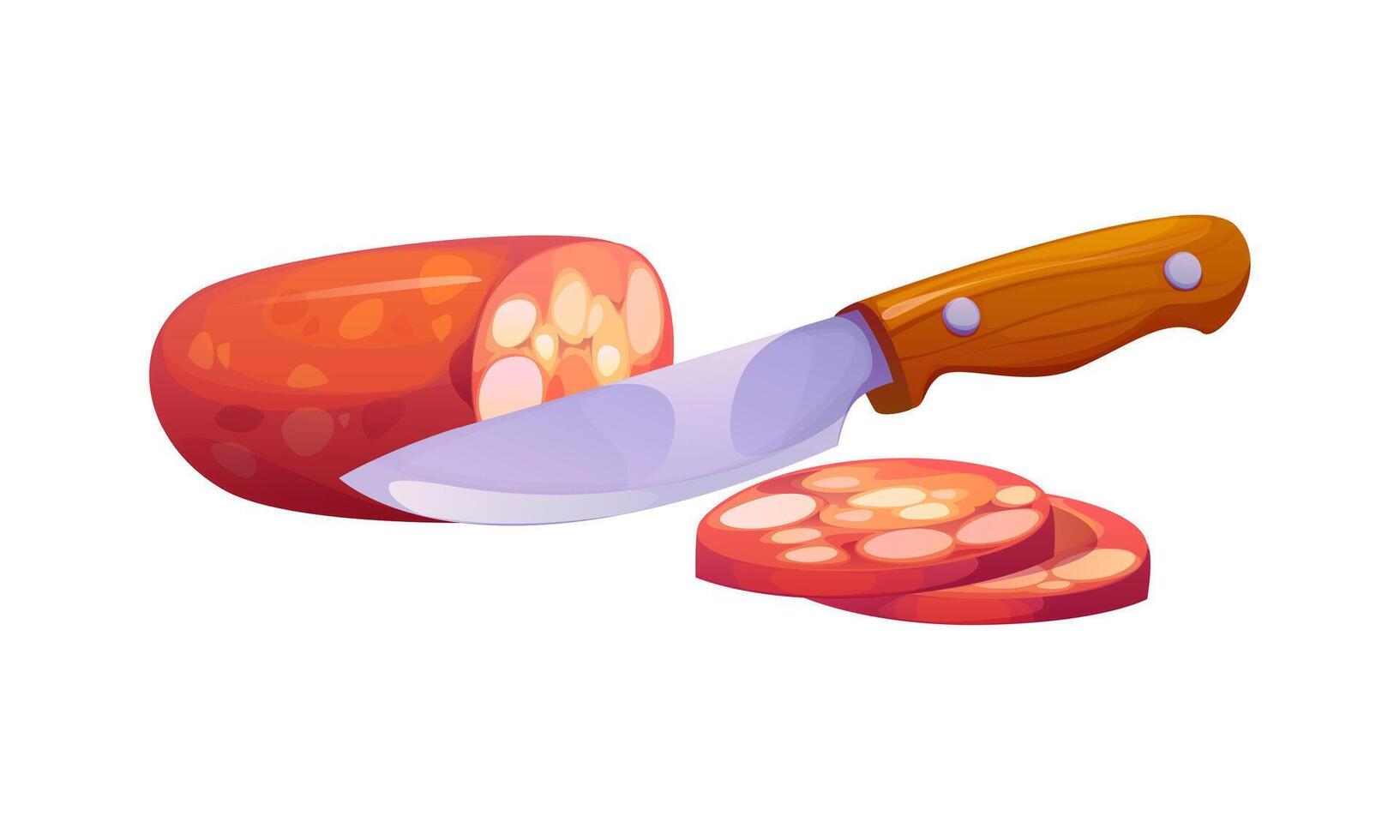 Sliced sausage cut with a knife, cooking process vector