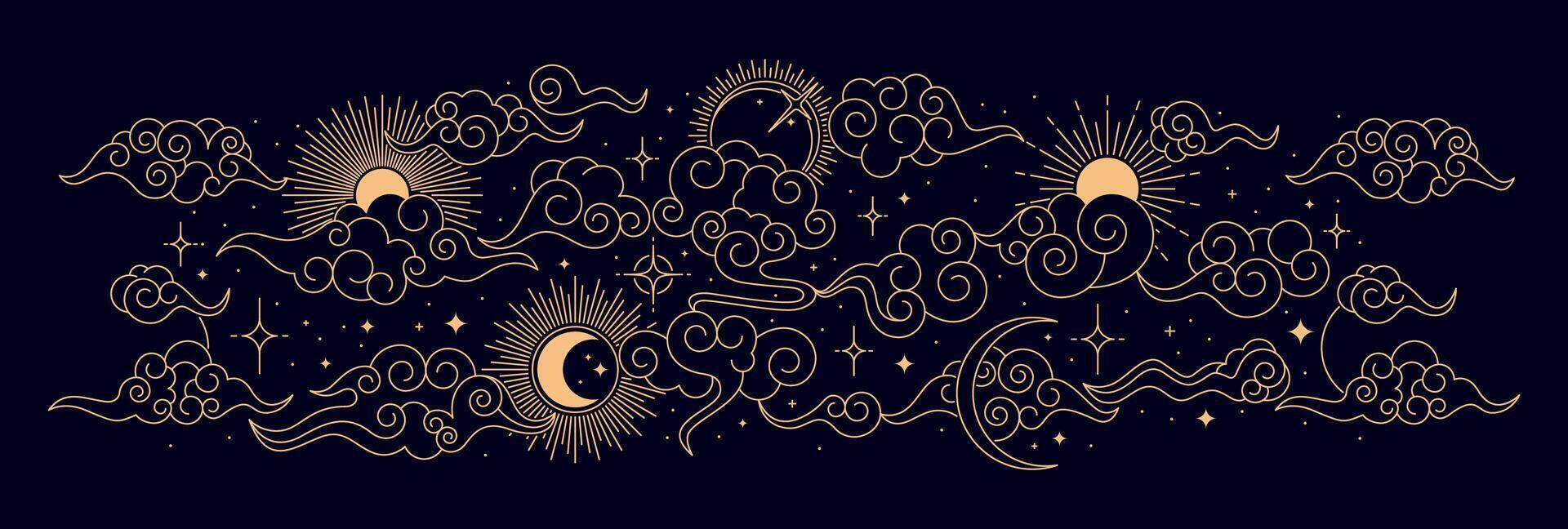 Oriental night star sky border, ornate background vector