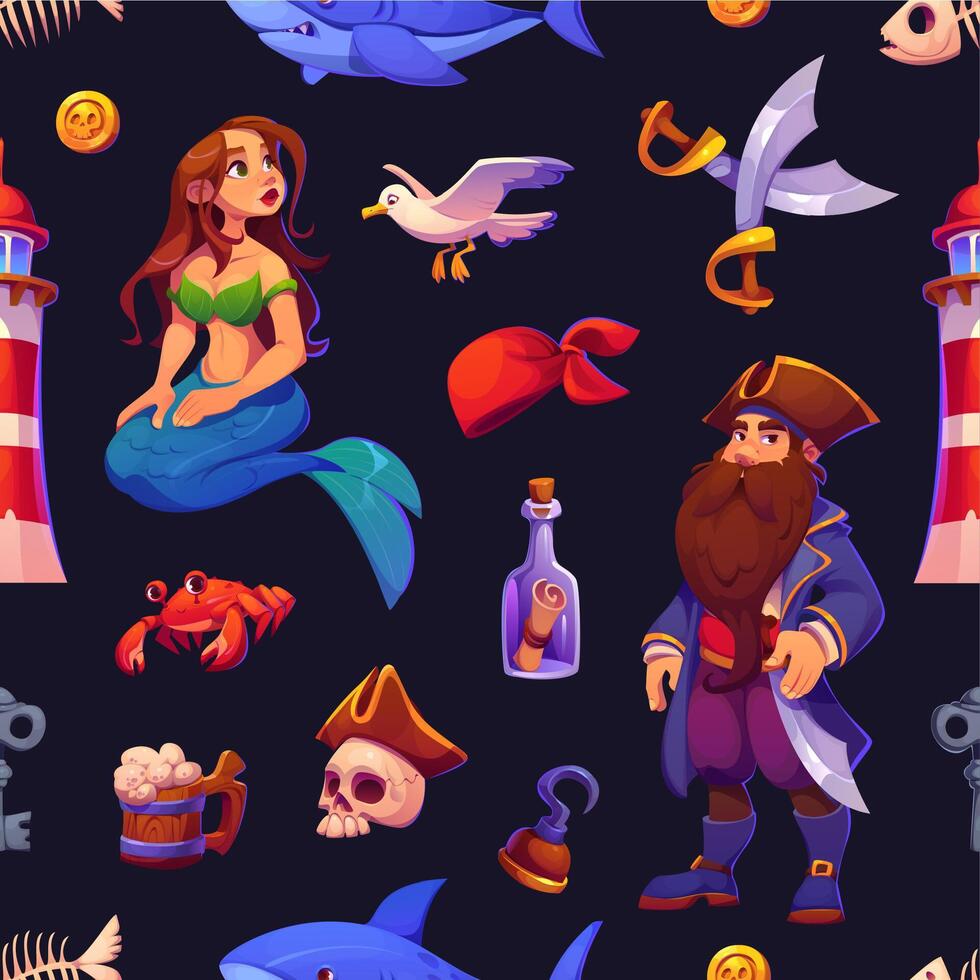 Cartoon pirate game characters seamless pattern vector