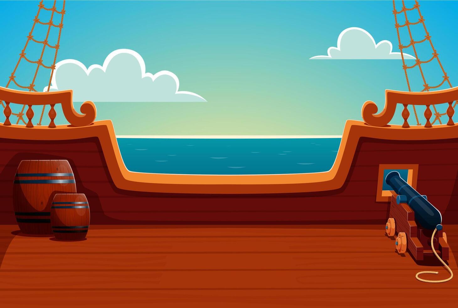Pirate ship deck with wooden barrels and a cannon vector