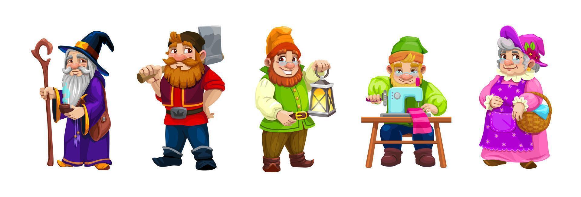 Cartoon gnome dwarf characters, miner, lumberjack vector