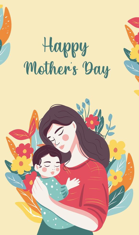 Mother's Day greeting card. Portrait of a mother and child in their arms against a background of flowers. flat bright illustration on a gentle pastel background for website, booklet, flyer vector