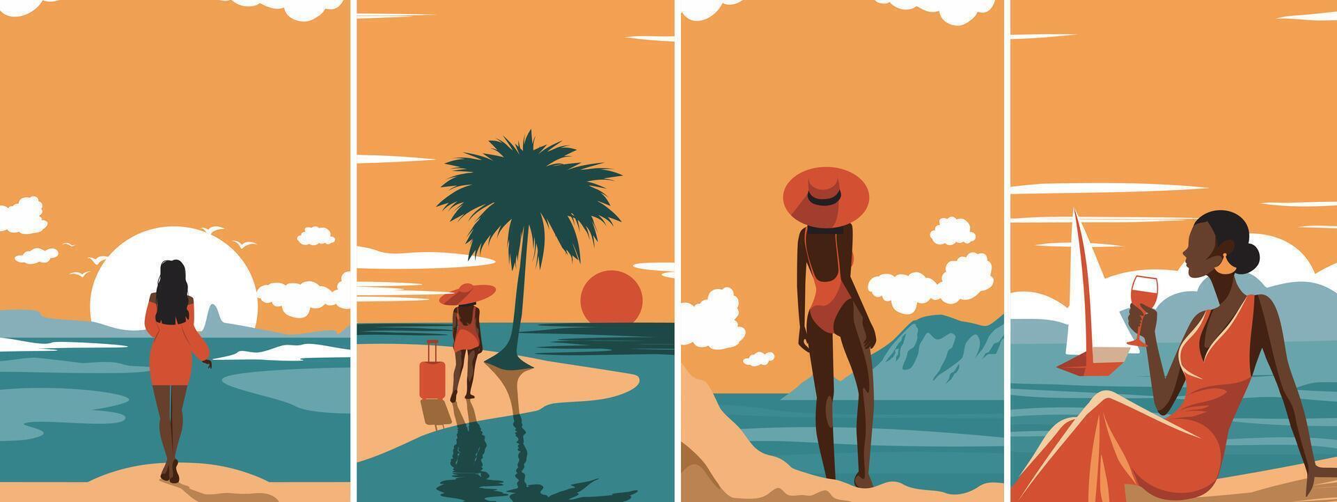 Set of summer bright templates, illustrations of women on vacation, travel, tourism. Four templates on the theme of seasonal holidays, weekends, and the beach. illustration for posters vector