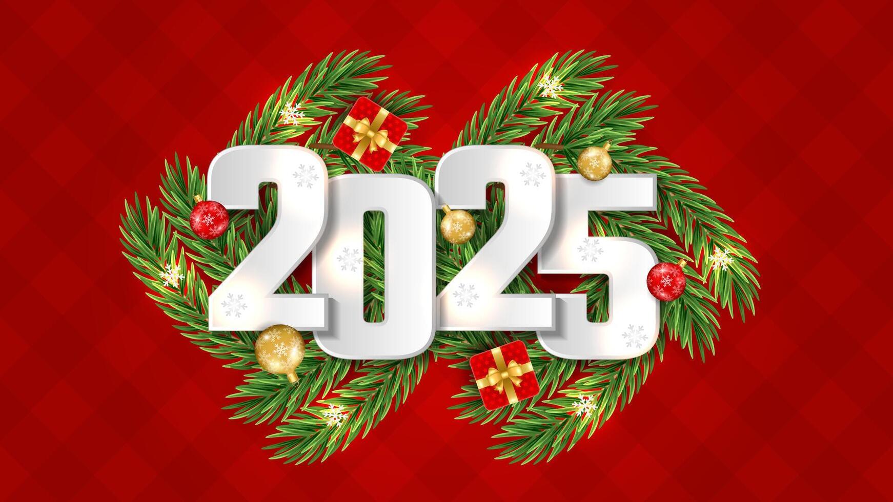2025 Happy New Year greeting background with Christmas branch, balls, snowflakes. For sale