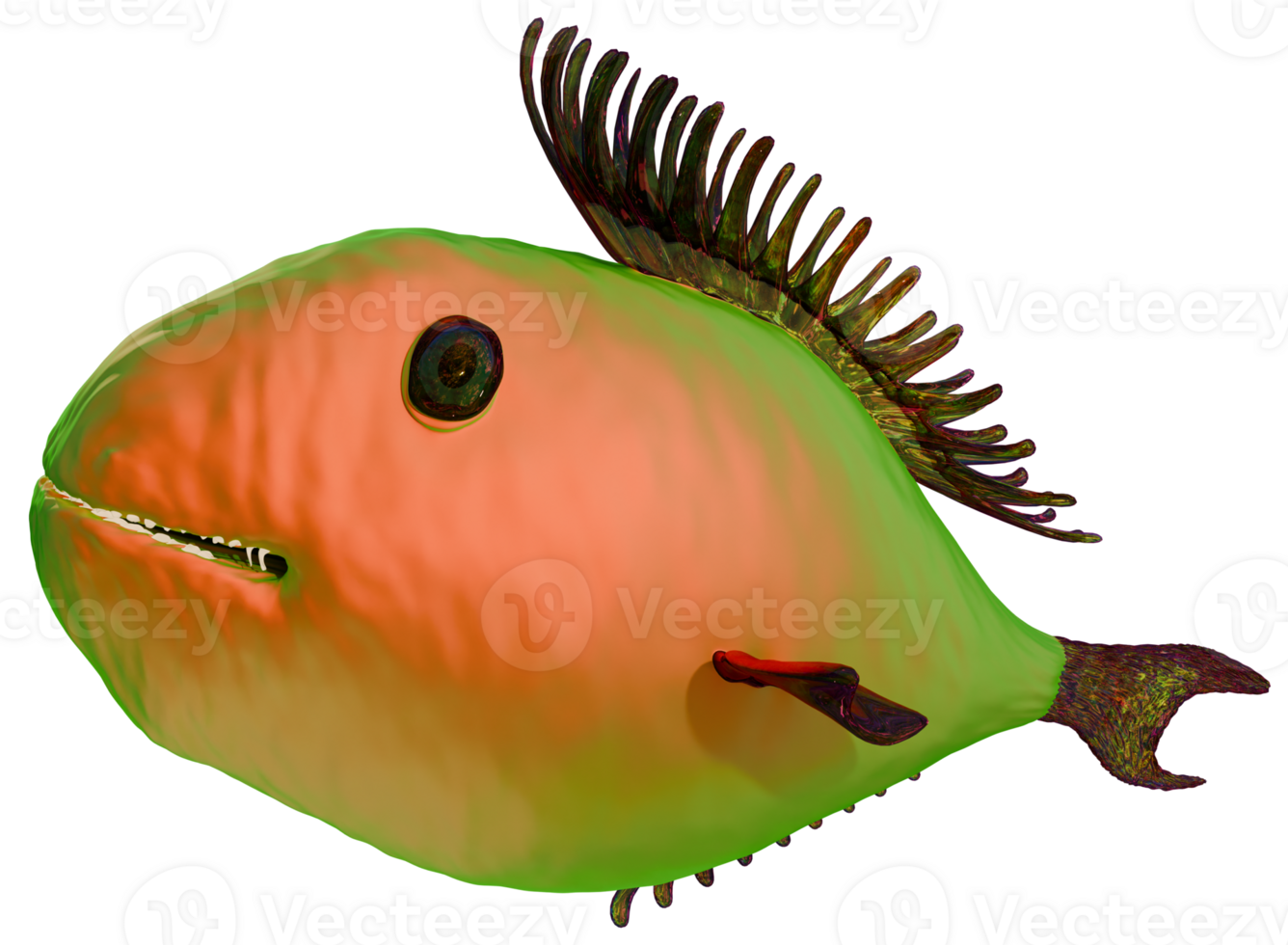 A fish with a green and orange body and a long tail png