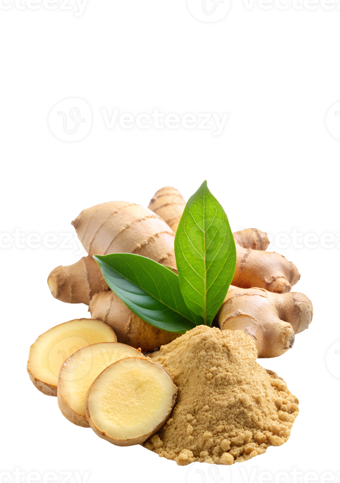 Ground ginger and its parts slices and whole root png