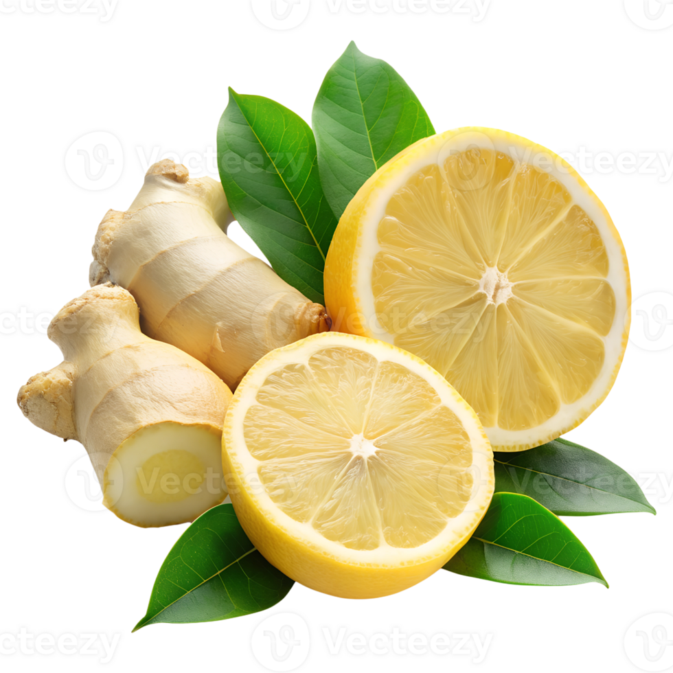 Lemon pieces and ginger root on an isolated background png
