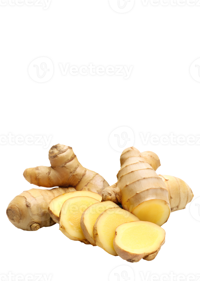 Sliced ginger and whole ginger root on an isolated background png