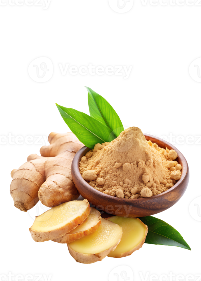 Close up of ground ginger with pieces and a whole root png