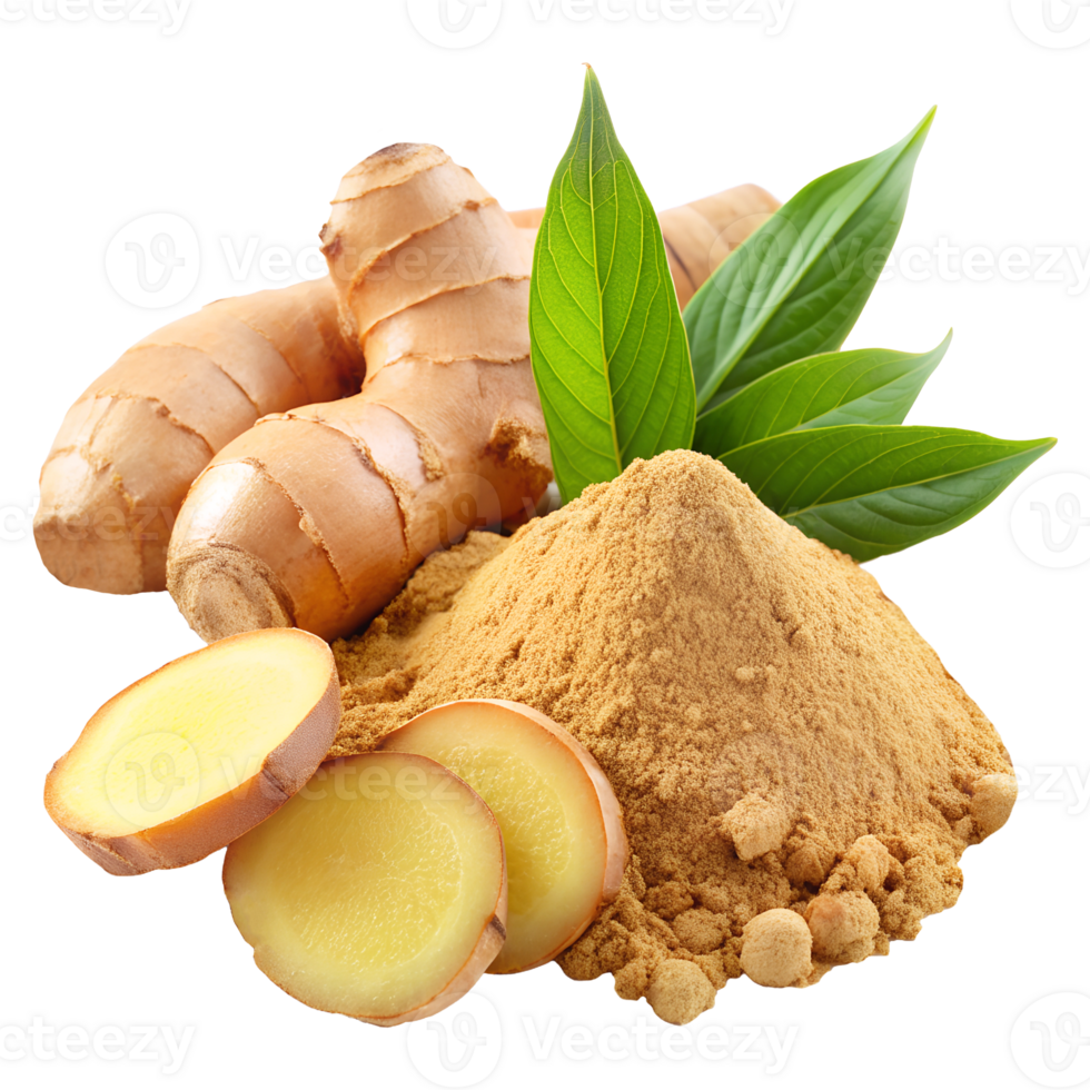 Ground ginger and ginger slices along with a whole root on a plain background png