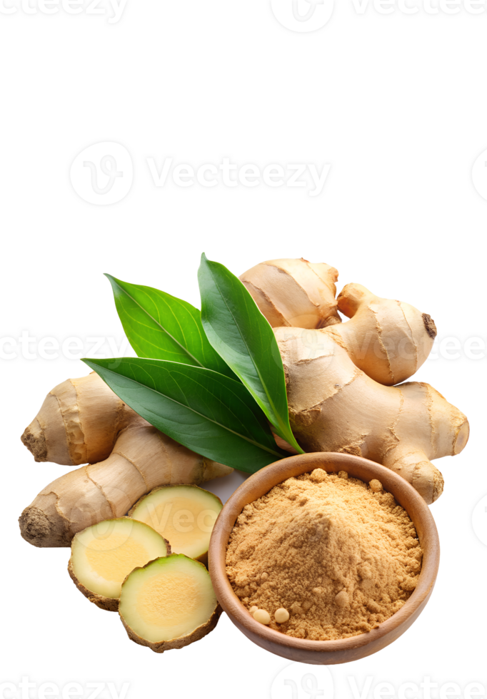 Ginger in cooking powder slices and whole root on a solid background png