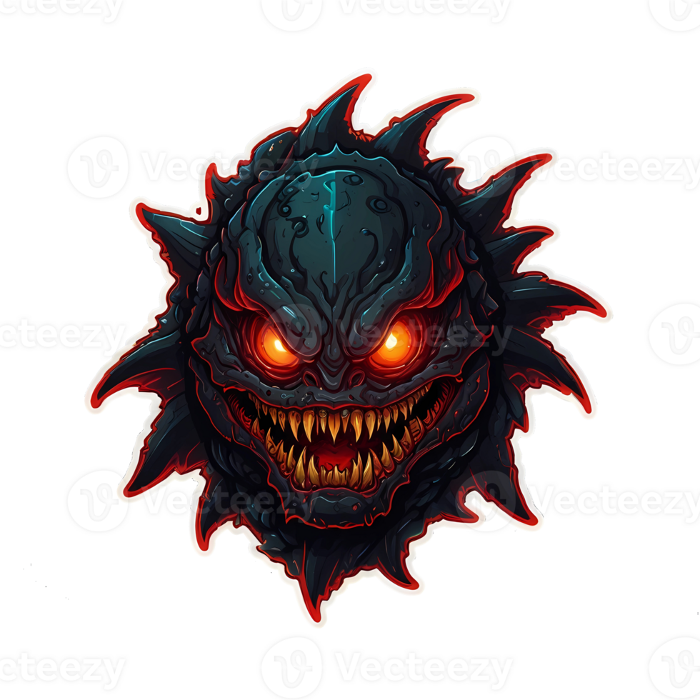 a fierce leviathan demon head in dark colo with glow red eyes on a transparent background png