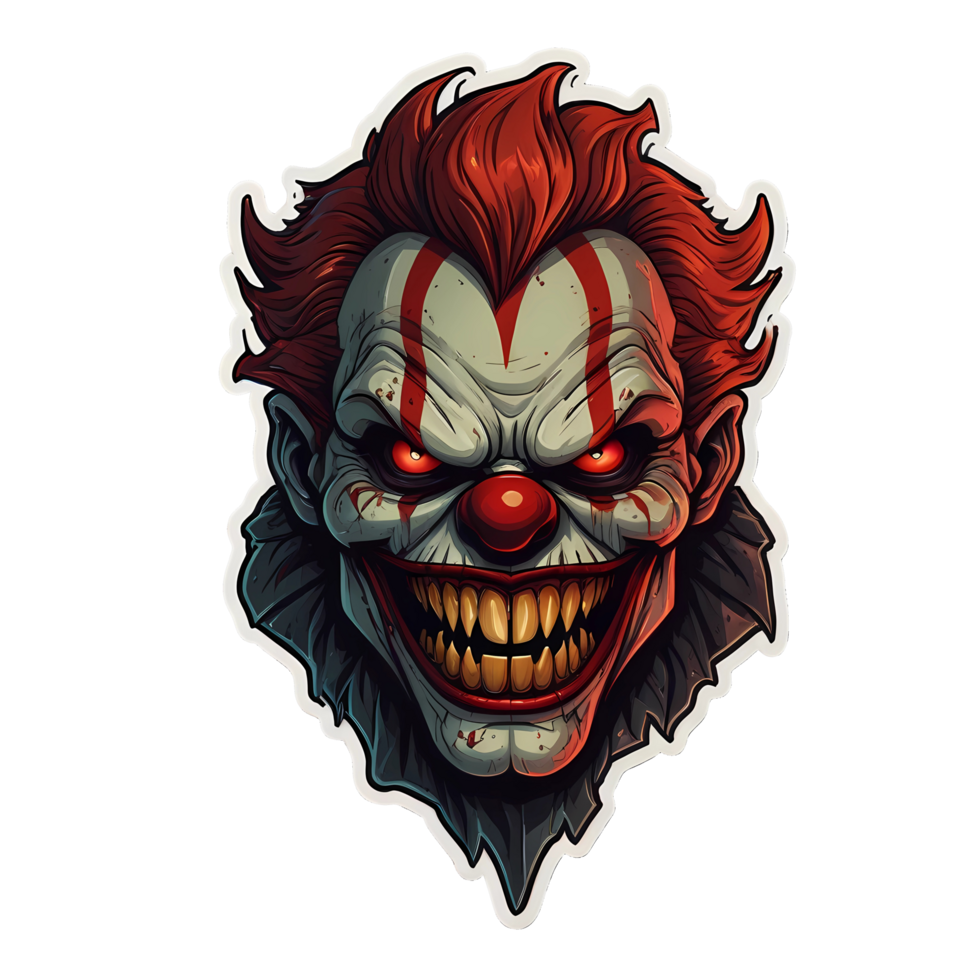 a cartoon of fierce clown head with evil smilling and evil red eyes on transparent background png