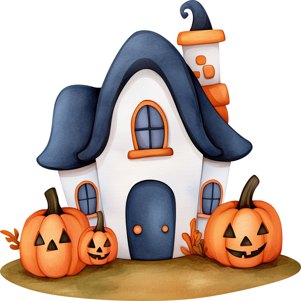A whimsical illustration of a cozy cottage with a blue roof, surrounded by festive pumpkins png