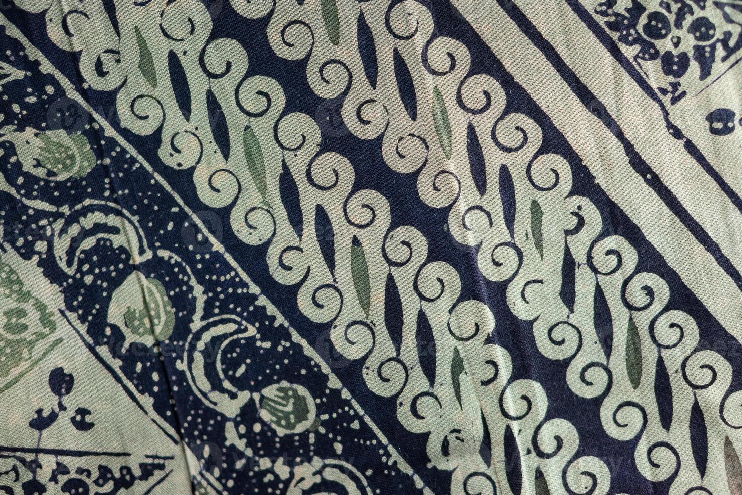 A close up of a blue and green patterned fabric photo