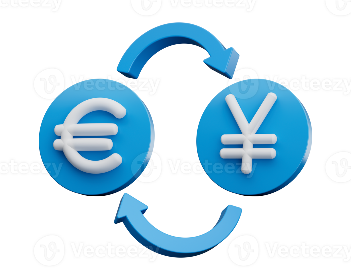 3d White Euro And Yen Symbol On Rounded Blue Icons With Money Exchange Arrows, 3d illustration png