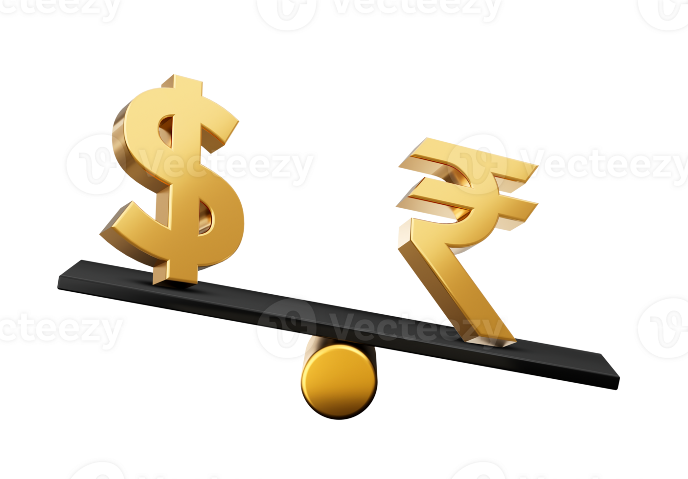 3d Golden Dollar And Rupee Symbol Icons With 3d Black Balance Weight Seesaw, 3d illustration png