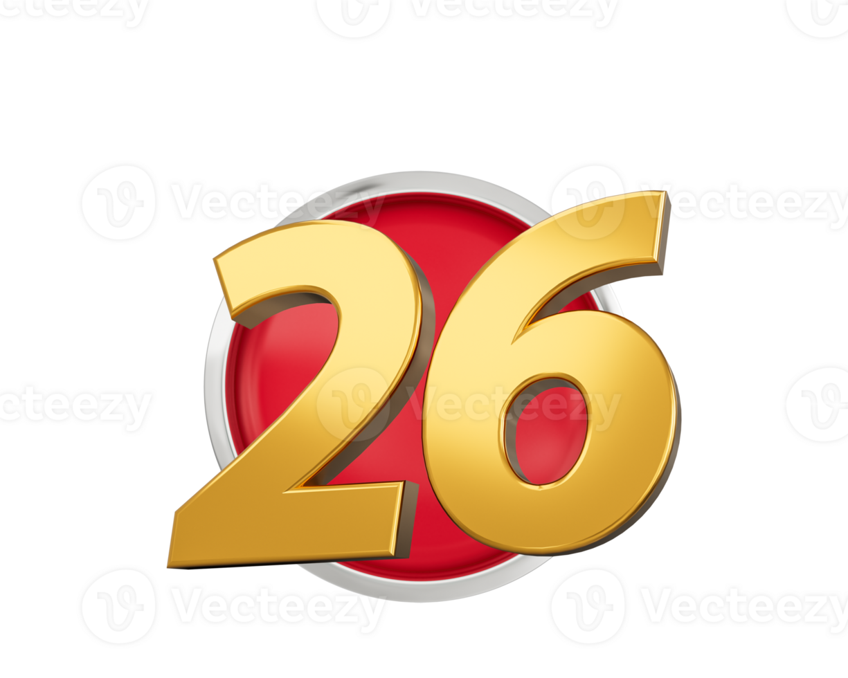 Gold Number 26 Gold Number Twenty Six On Rounded Red Icon, 3d illustration png