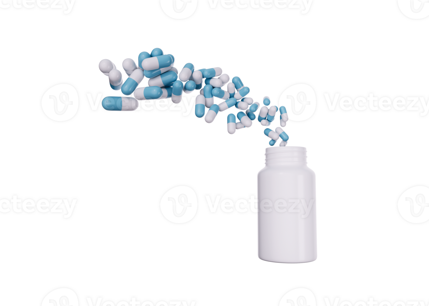 3d Empty White Pill Bottle With Pharmaceutical Antibiotic capsules Flying In The Air 3d Illustration png