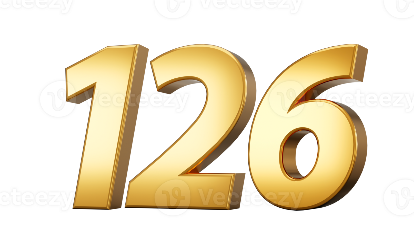 3d number 126 one hundred twenty six one Gold text 3d illustration png