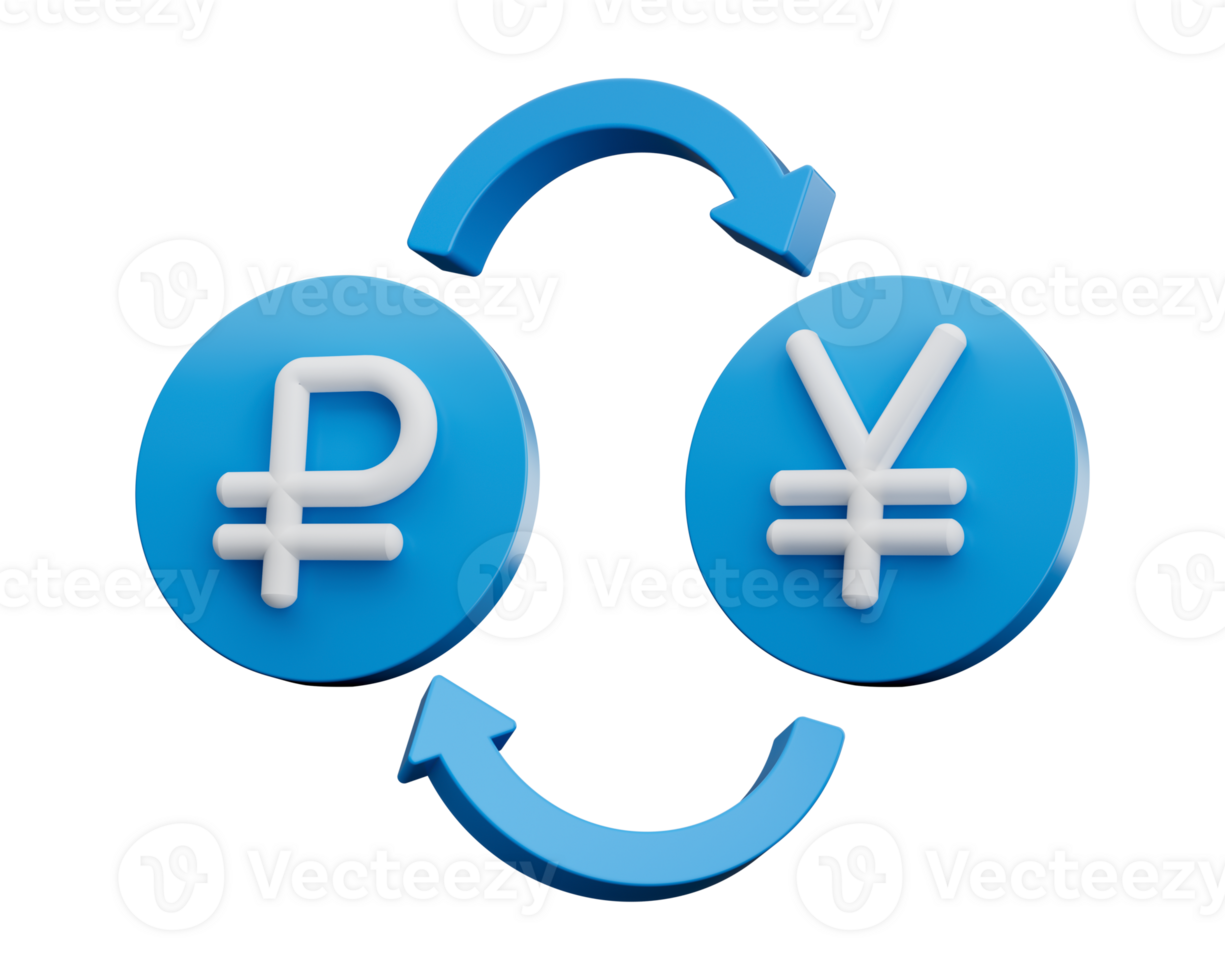 3d White Ruble And Yen Symbol On Rounded Blue Icons With Money Exchange Arrows, 3d illustration png