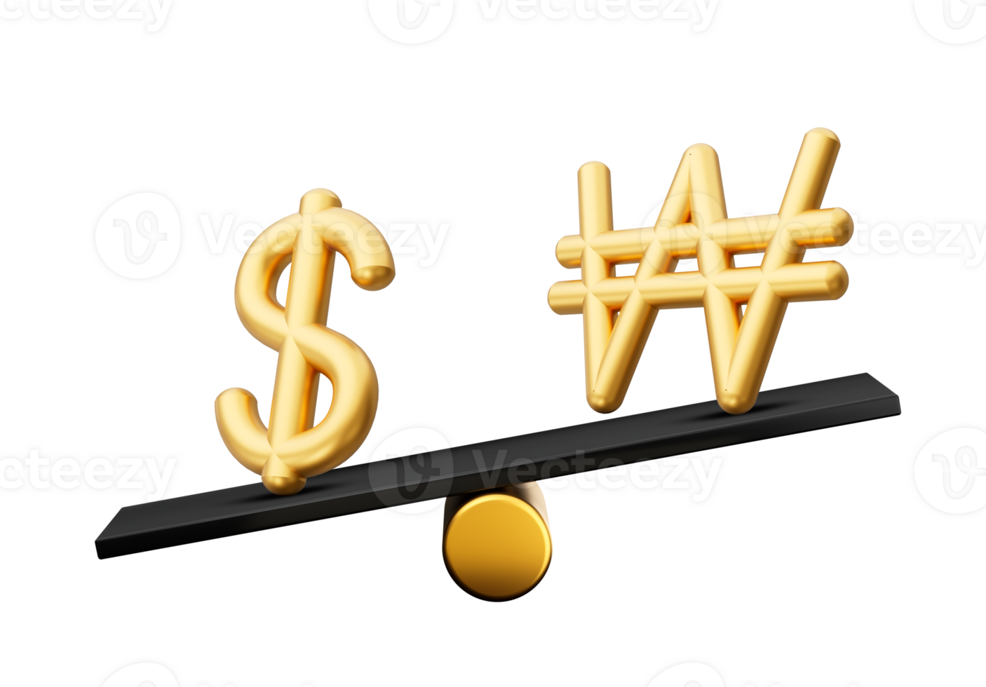 3d Golden Dollar And Won Symbol Icons With 3d Black Balance Weight Seesaw, 3d illustration png