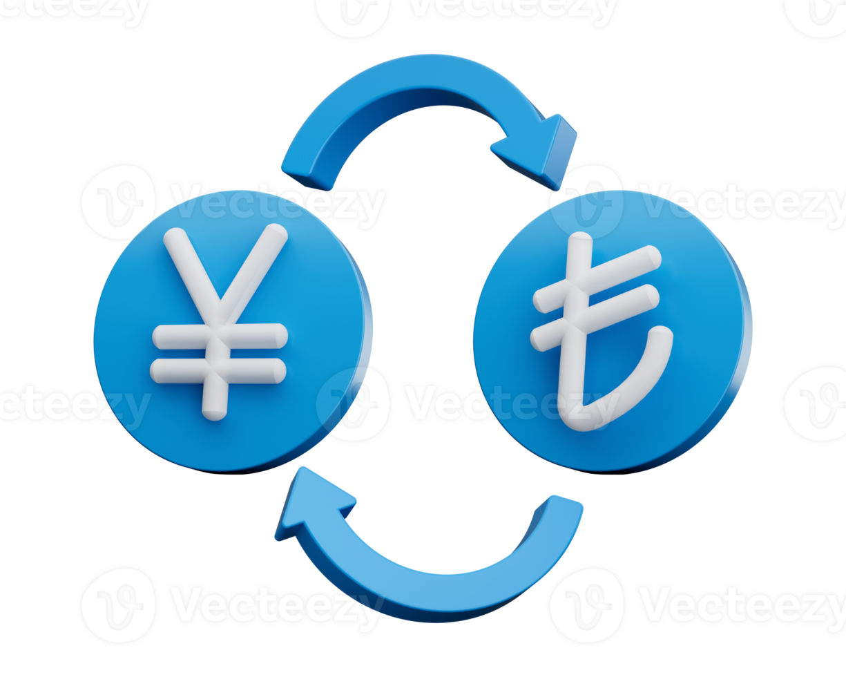 3d White Yen And Lira Symbol On Rounded Blue Icons With Money Exchange Arrows, 3d illustration png